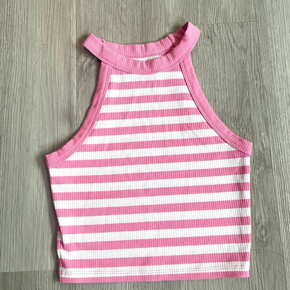 NWOT American Eagle Pink White Striped Ribbed Cropped Tank Top Size Small